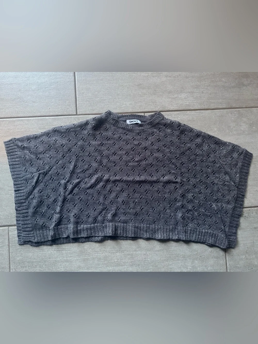 DKNY Charcoal Eyelet Knit Short-Sleeve Poncho Cape Sweater